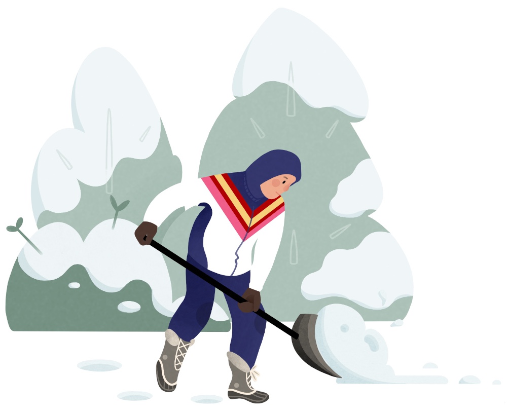 Illustration of snow shoveler shoveling before a stand of trees.